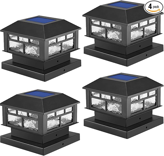 Solar Post Lights Outdoor, 20LM Fence Post Cap Lights,Waterproof, 2 Light Modes, Fit 3.5x3.5in 4x4in 5x5in Wooden Post, Solar Power Deck Lights for Garden Deck Patio Decoration（Black 4Pack）
