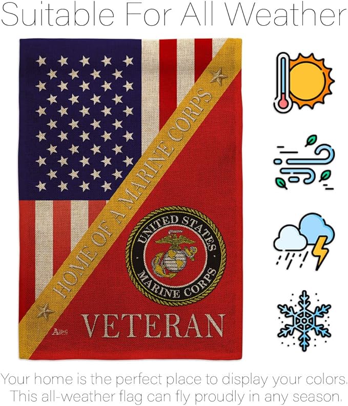Home of Marine Corps Burlap Garden Flag - Set with Stand Armed Forces USMC Semper Fi United State American Military Veteran Retire Official House Banner Cemetery Yard Rememberance Veterans Day Gifts