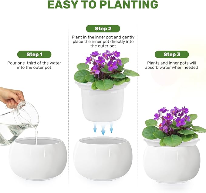 African Violet Pots, 8 Inch Self Watering Pots, Easy Plant Self Watering Pot, Ceramic Plant Pot with Absorbent Inner Pot for Flowers, Flower Pot Indoor - White
