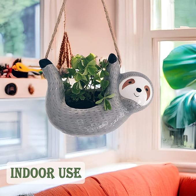 Sloth Hanging Planters for Indoor Outdoor Plants Cute Succulent Cactus Pots Ceramic Flower Pot Holder Gardening Gifts for Women Plant Lovers Gardeners Mom