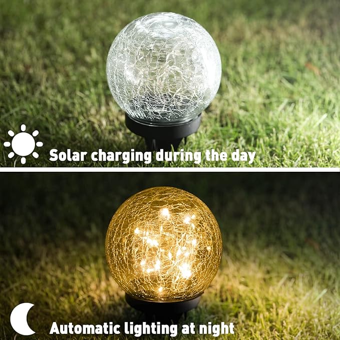 Solar Lights Outdoor Garden Decorative - 2 Pack Solar Globe Lights Upgrade Waterproof with 30 LEDs Cracked Glass Ball Lights for Yard Patio Pathway Lawn Outside Decor (4.73") Warm White