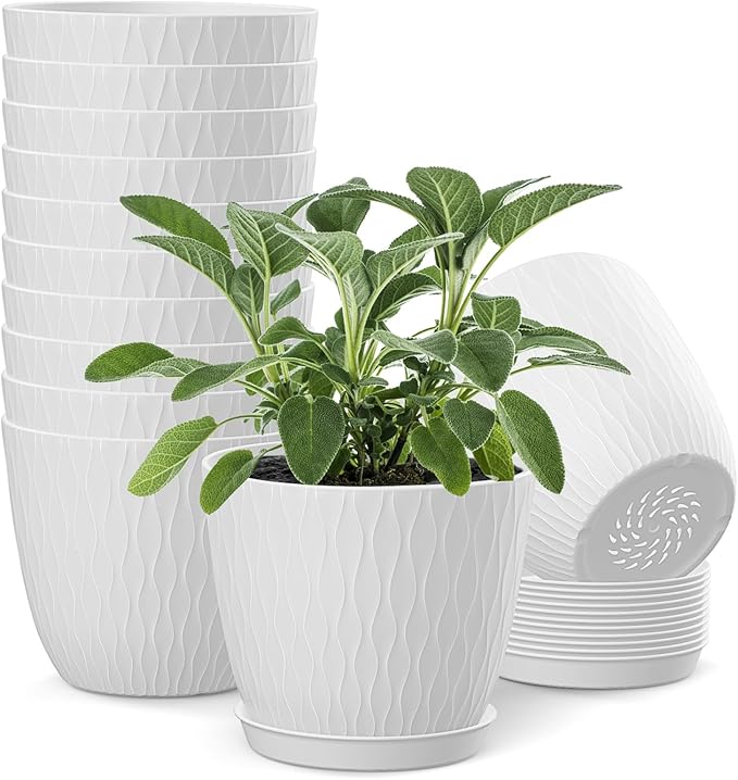 6 inch Plant pots, 12 Pack Modern Plastic Planters with Drainage Holes and Saucers for Repotting Indoor Plants and Flowers, White