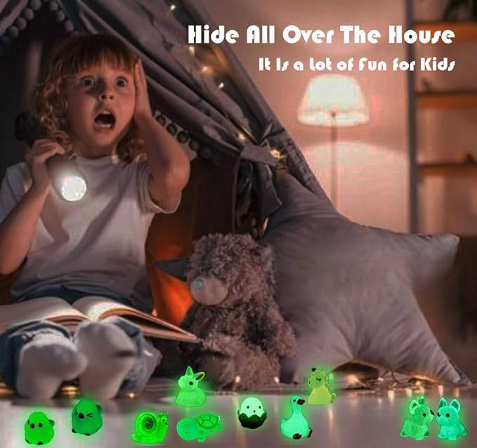 Luminous Mini Resin Animals 50 Pcs Tiny Animals to Hide Around The Office Home Mini Ducks Tiny Frogs Small Birds Little Rabbits Glow in The Dark for Crafts Fairy Garden Accessories
