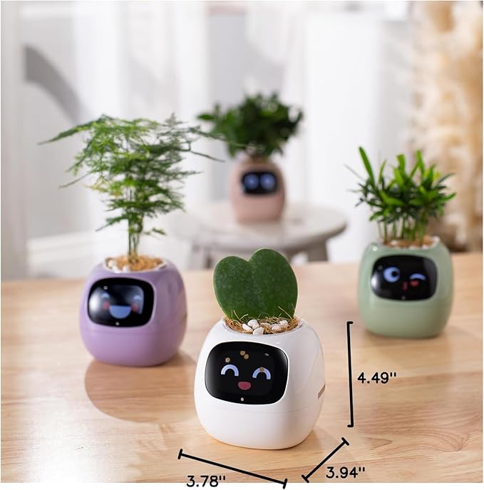 Smart pet Planter Robot Guidance on Plant Care with Emojis, Adorable Plant Companion with Rich Gesture Interaction, Neat Desk Setup Gift (White)