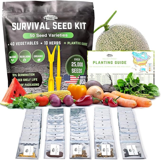 50 Vegetable & Herb Seeds Variety Pack - 25,000 Seeds - Long-Term Storage - Non-GMO Heirloom Open-Pollinated Gardening Seeds for Planting Vegetables & Herbs - Waterproof Packaging