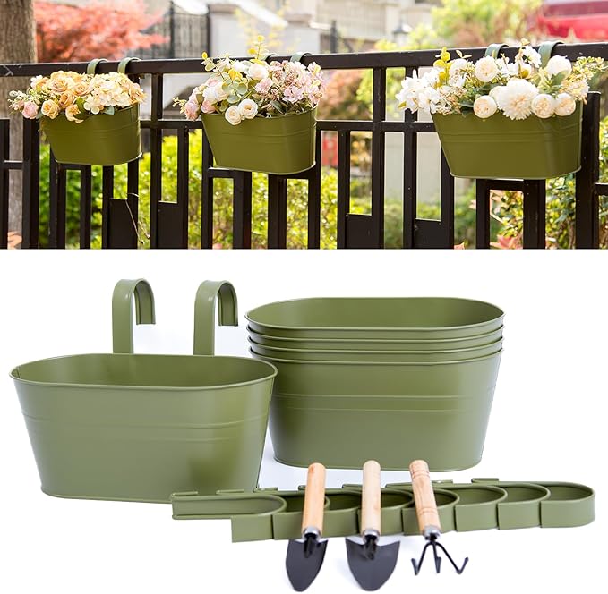 5 Pack Metal Hanging Flower Pots for Railing Fence，Outdoor Balcony Rail Planter with Garden Tools Detachable Hooks Drainage Holes for Deck Garden Home Decor Green