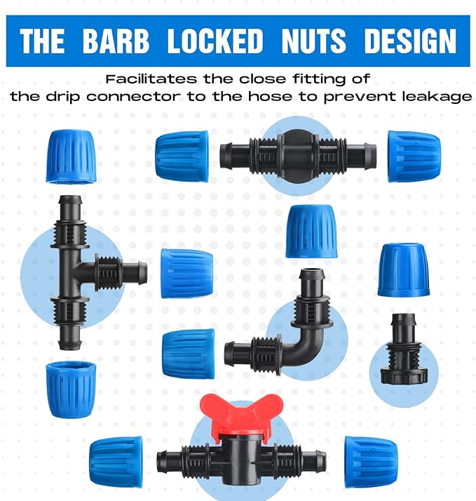 32 Pcs 1/2" Tubing Irrigation Fittings Kit 1/2" ID x 0.6-0.63" OD 16 mm Drip Irrigation Barbed Connectors 4 Switch Valves, 8 Tees, 8 Couplings, 4 Elbows, 4 Ends, 4 Adapters (Blue, Black)