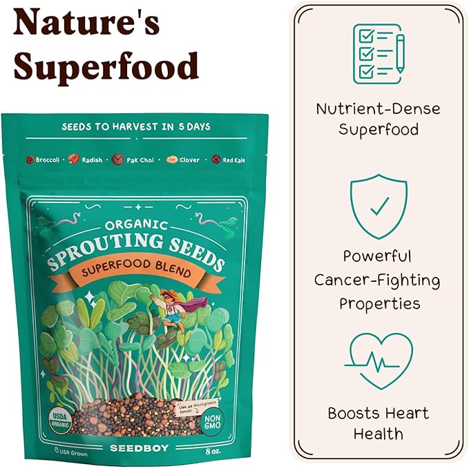 Organic Sprouting Seeds - Superfood Blend - Non-GMO, USA Grown Microgreens Mix - Broccoli, Radish, Pak Choi, Clover, Red Kale - Makes 8 Quarts of Sprouts, 24 Servings (8 oz) (Superfood Blend)
