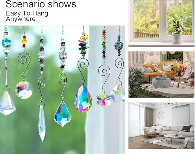 7PCS Crystal SunCatchers Hanging Sun Catcher with Colorful Beads Prism Chain Pendant Christmas Ornament, Window Home Wall Tree Cars Hanging Decoration