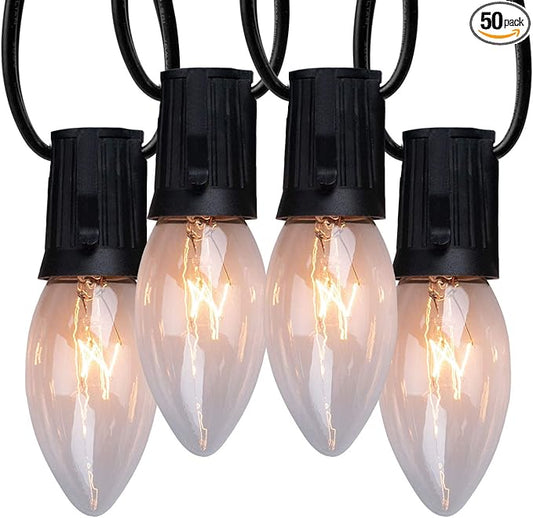 C9 Clear Christmas String Light Set, 50 Feet Vintage Christmas Tree Lights, Outdoor Roofline String Lights with 50 Clear Bulbs for Patio Garden Holiday Indoor Wedding Home Decorating, Black Wire