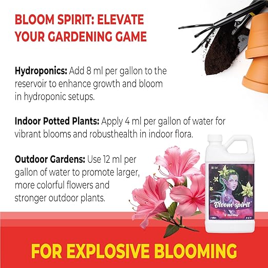 Blooming Fertilizer for Flowers - Orchid, Rose, Hibiscus, Hydrangea, Bougainvillea or as Flower Bloom Fertilizer Indoor Outdoor Garden Liquid Plant Food - Bloom Spirit PK 0-5-4 32 OZ Nutriling