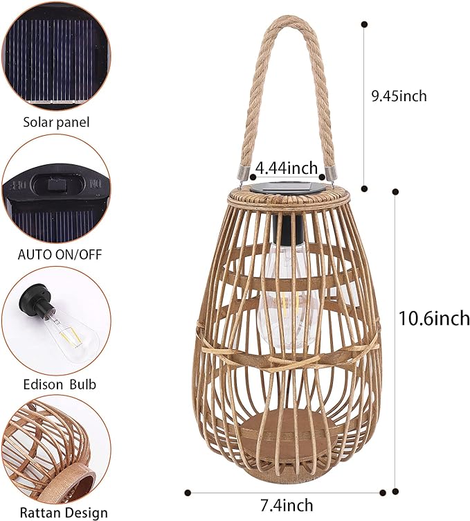 Outdoor Solar Lantern Hanging Lights - Natural Rattan Solar Lantern with Handle, Large Waterproof Led Decorative Garden Lights, Bright Rattan Solar Table Lamp for Yard Patio Wedding Home Decoration