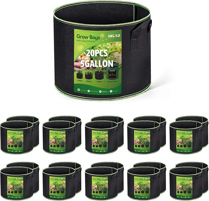 Delxo 20 Pack 5 Gallon Grow Bags Heavy Duty Aeration Fabric Pots Thickened Nonwoven Garden Plant Growing Bags with Handles for Planting