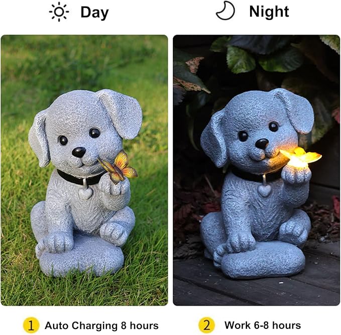 Solar Garden Decor Dog Statue with Butterfly Light Solar Lights Outdoor Waterproof Outdoor Solar Lights Garden Decor for Outside Lawn Decor Cute Dog Statue for Patio, Balcony, Yard Ornament