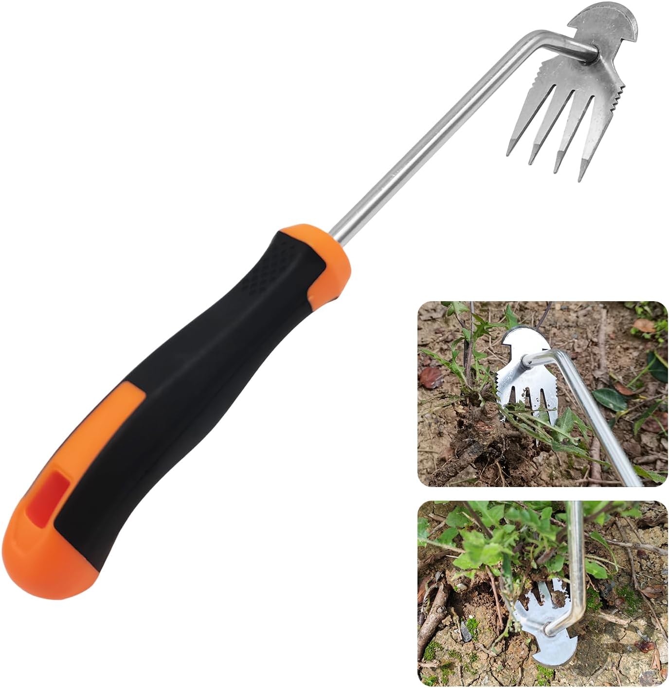 Weeder Puller Tool, Stainless Steel Thickened Hand Weeder Tool, Portable Weed Remover Tool,4 Teethe Waterproof Manual Weed Puller, Multi Function Garden Tools for Yard (Rubber Handle)