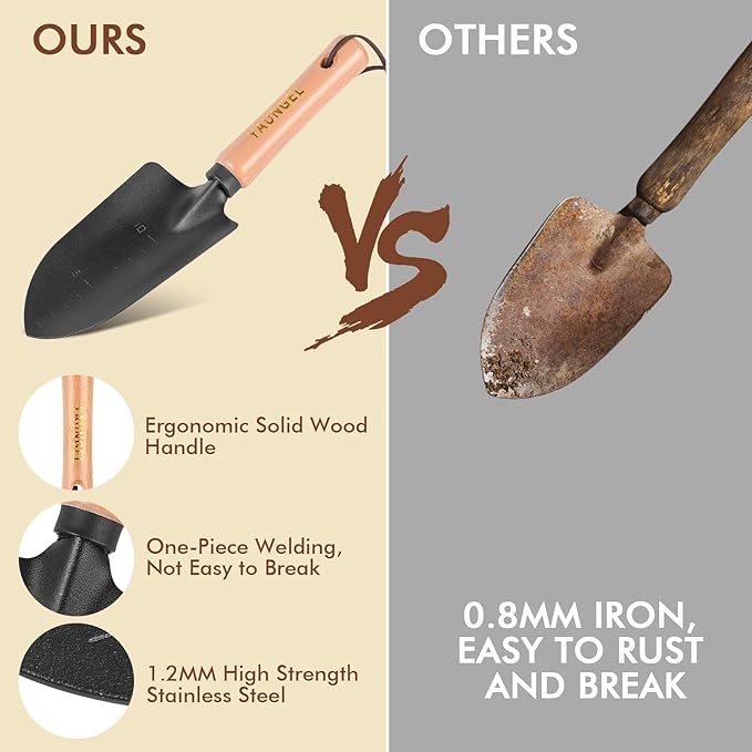 YAUNGEL Gardening Tools - 10Pcs Garden Tool Set Heavy Duty Stainless Steel Gardening Supplies Hand Tools with Wooden Handle, Storage Tote Bag, Ideal Gardening Gifts for Women and Men, Black