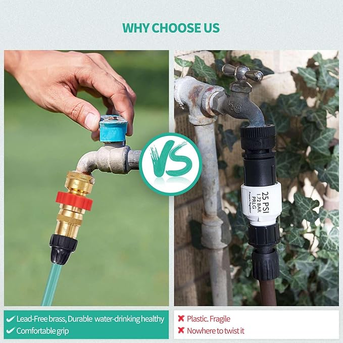 LF Brass Drip Irrigation Kit,Water Pressure Reducer Regulator 20~30PSI+3Pcs Hose Adapter+1Pcs Vacumm Breaker,3/4" GHT Connector