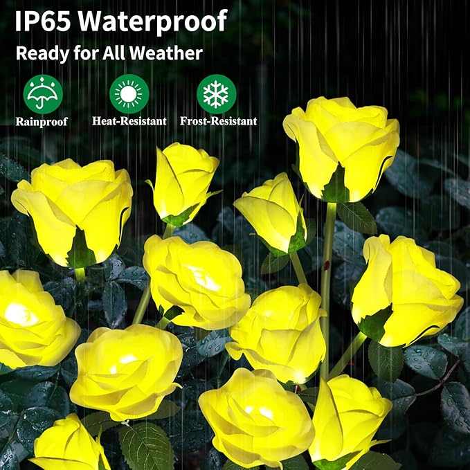 Solar Garden Lights, Solar Outdoor Lights with More Realistic 10 Rose Waterproof Solar Powered Flowers Lights for Outside Patio Yard Pathway Decorations, 2 Pack Yellow