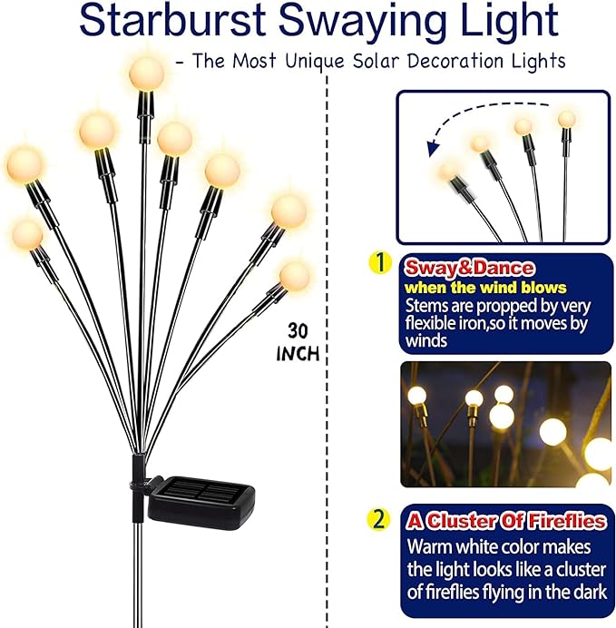 TONULAX Solar Garden Lights - Upgraded Solar Swaying Light, Sway by Wind, Outdoor Lights, Yard Patio Pathway Decoration, High Flexibility Iron Wire & Heavy Bulb Base, Warm White(10 Pack)