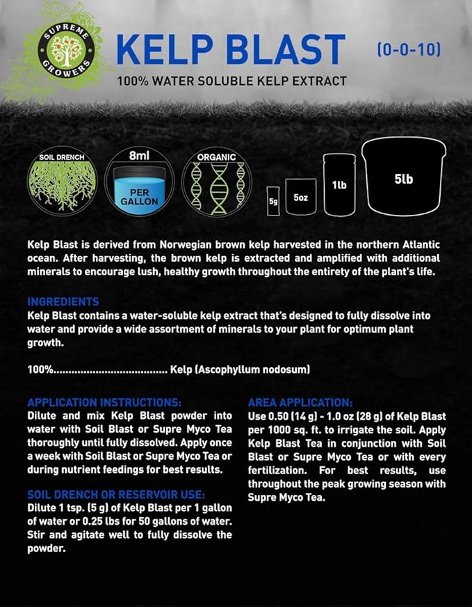 Kelp Blast Concentrate by Supreme Growers Water Soluble Kelp Contains Elements and Vitamins That Enhance Plant Growth and Soil Fertility Each 5g Stick Makes 1 Gallon