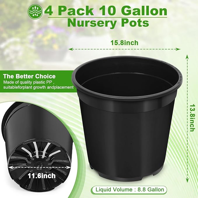 4pcs 10 Gallon Pots for Plants, 10 Gallon Plastic Nursery Pot with Drainage Holes, Planter Seedling Pots for Nursery Garden, Flowers, Succulent Outdoor Indoor (10 Gal- 4 Pack)