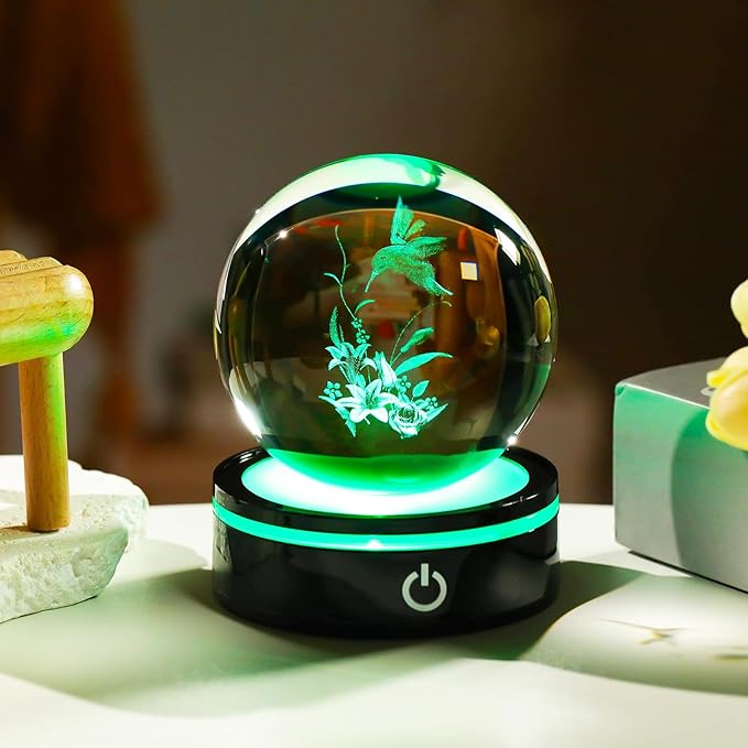 YWHL 3D Hummingbird Figurine Crystal Ball with Light Base, Hummingbird Gifts for Women Men on Christmas Birthday, 3D Laser Engraved Hummingbird Ornament Glass Decorative Ball for Home Office (80mm)