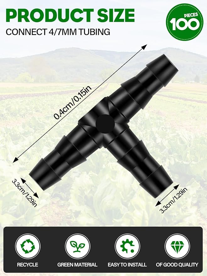 Kalolary 100PCS 1/4" Universal Barbed Tee Fittings, 1/4 Inch Barbed Tee Connectors Drip Irrigation Fittings for 4mm/7mm Water Tube Parts Drip Irrigation Hose Connector Watering System
