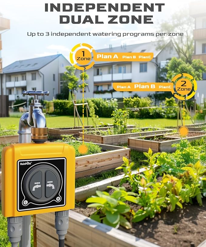 RAINPOINT Sprinkler Timer WiFi Water Timer with Brass Inlet, 2 Outlets Smart Hose Timer,Automatic Irrigation System Controller, APP & Voice Control, Irrigation by Weather/Quantity/Soil Moisture