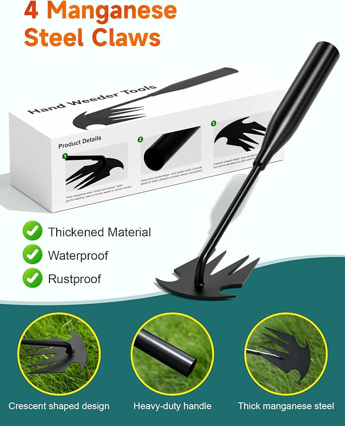 Weed Puller Tool Garden Weeding Tool, 12.2" Weed Puller Hand Weeder Tool, Portable Hand Weeding Tools Gardening, 4 Claw Steel Garden Hand Pulling Weeder Tool for Dandelion Remove Weeds for Garden Yard