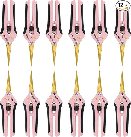 12 Packs Pruning Shears with Curved Blades, Garden Trimming Scissors, Gardening Hand Pruning Snips Titanium Coated Precision Bonsai Pruning Shears, Efficient Flower Cutters (Pink)