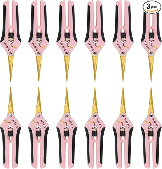 3 Packs Pruning Shears with Curved Blades, Garden Trimming Scissors, Gardening Hand Pruning Snips Titanium Coated Precision Bonsai Pruning Shears, Efficient Flower Cutters (Pink)
