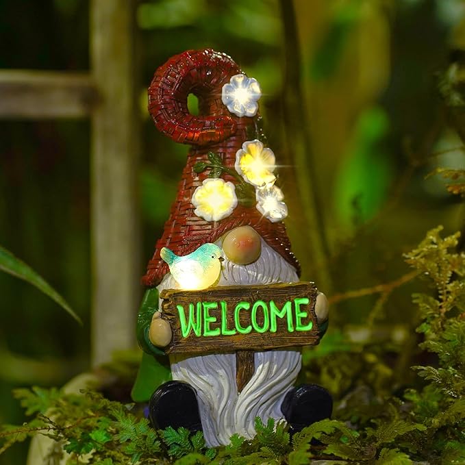 Welcome Gnome Solar Statue Decor for Yard Decorations - 10 Inch Gnome Statue Decor for Outdoor,Perfect Garden Gifts for Women,Mom