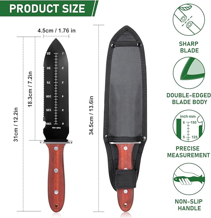 Hori Hori Garden Knife, Garden Tools with Sheath for Planting,Weeding,Digging, 7" Stainless Steel Soil Knife with Cutting Edge, Full Tang Wood Handle with Hanging Hole