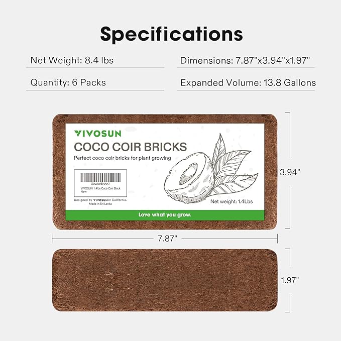 VIVOSUN Coco Coir Brick, 1.4lbs 100% Natural Organic Compressed Coconut Coir Fiber with Low EC, PH Balance & High Nutrition, Coconut Fiber Substrate, Coconut Soil for Plants, 6-Pack