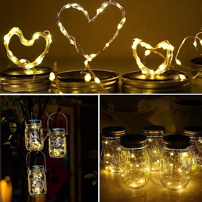 Solar Mason Jar Lights Lids, 12 Pack 30 Led Fairy Lights(Jars Not Included), Outdoor Hanging Mason Jar Solar Lights, Fairy in a Jar Firefly Lights for Patio Garden Table Decor Gifts