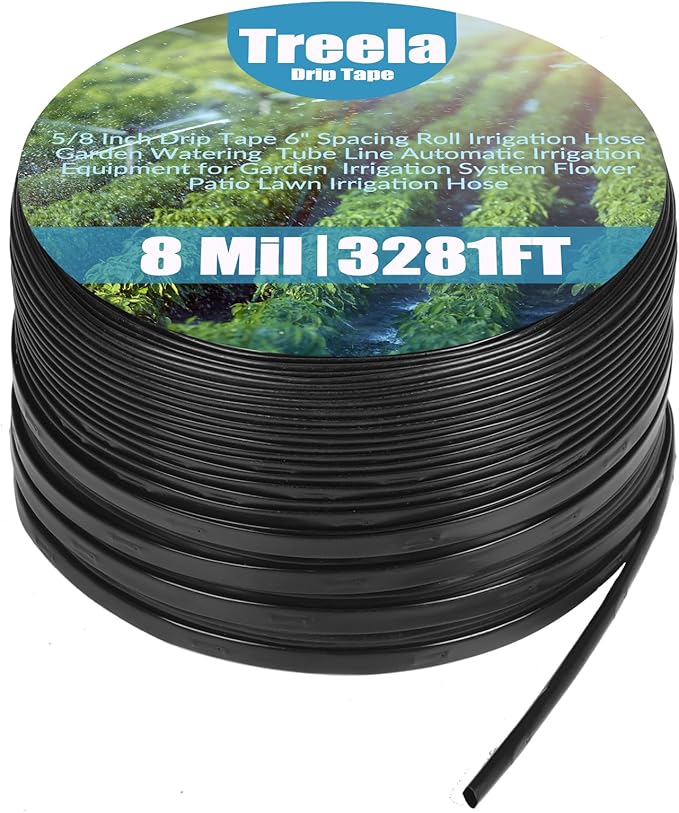 Treela 5/8 Inch Drip Tape 6 Spacing Roll Irrigation Hose Garden Watering Tube Line Automatic Irrigation Equipment for Garden Irrigation System Flower Patio Lawn Irrigation Hose (8 Mil, 3281ft)