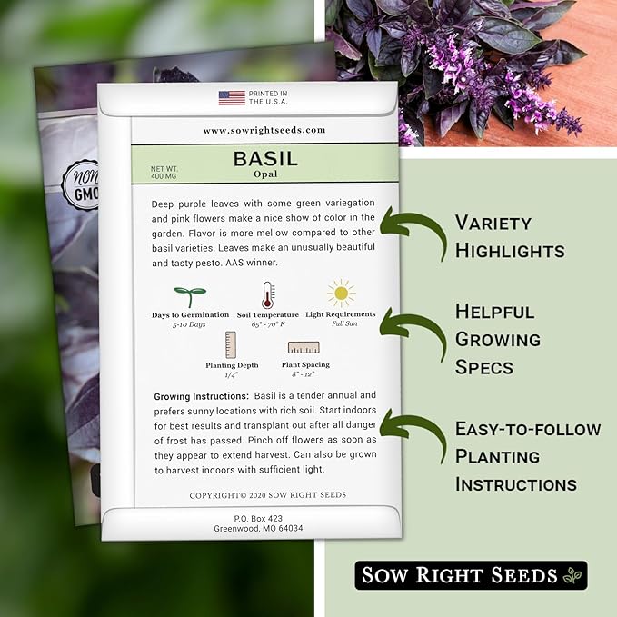 Sow Right Seeds - Opal Basil Seeds for Planting - Non-GMO Heirloom Packet with Instructions to Plant Indoors or Outdoor - Great for Hydroponics or Growing a Kitchen Herb Garden - Purple Leaves (2)