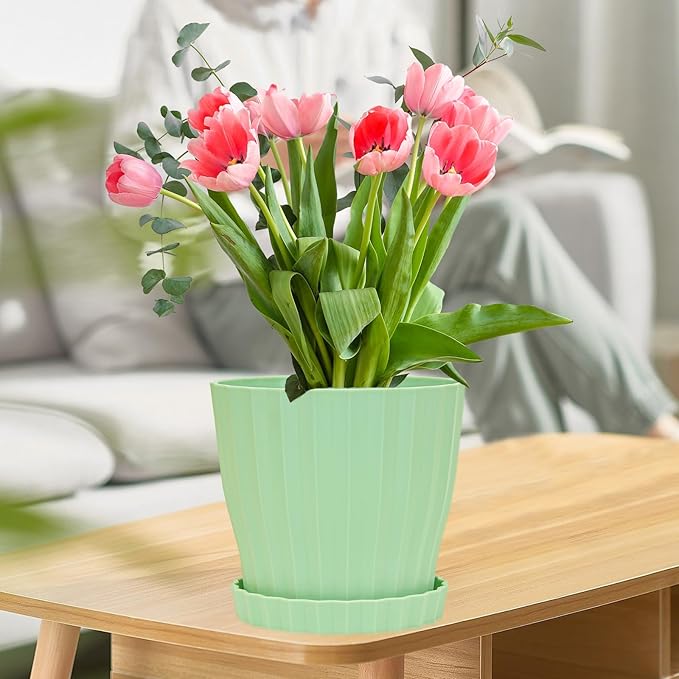 5 Pack Flower Pots for Indoor Plants, 6 inch Plant Pots Outdoor Planters for Porch Garden Office Home Decorative Holiday with Drainage Holes and Saucers, Plastic Planter Nursery Pots Green