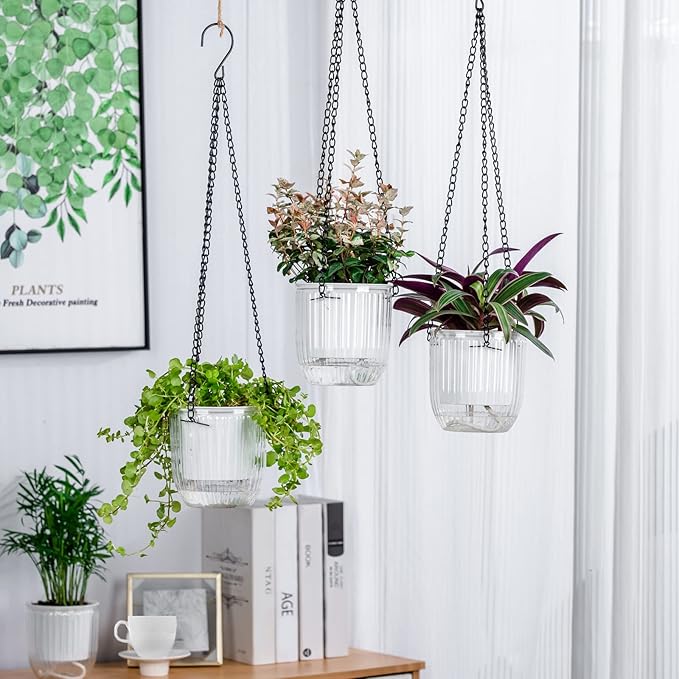 4.5 Inch 2 Pcs Self Watering Hanging Planter Indoor Plant Pots Drainage Holes, Outdoor Small Hanging Planters Flower Pot Basket, Visible Water Level, Plant Hanger Home Decor, Gardening