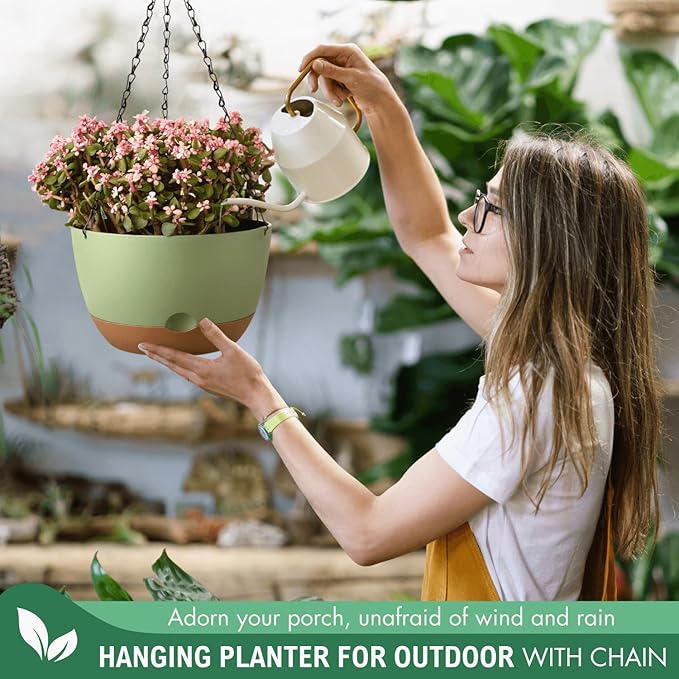 10 Inch Hanging Planters for Indoor Plants,Set of 2 Hanging Pots for Plants with Self-Watering, Outdoor Hanging Plant Pot with Drainage and 2 Kinds of Hanging Baskets Hangers for Home Decor and Garden