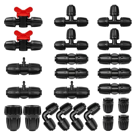 24 Pcs 1/2 Inch Drip Irrigation Fittings Kit, 1/2 Inch Drip Tubing (0.60"-0.65" OD) Parts Including 4 Tees 5 Couplings 4 Elbows 4 Reducing T 4 Plugs 2 Valves 2 Threaded Faucet Adapter