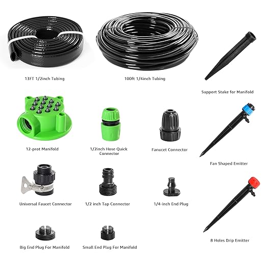 Bonviee 106.5FT Drip Irrigation Kit, Garden Watering System with 12-Port Irrigation Manifold, 1/2 inch Irrigation Tube and 1/4 inch Blank Distribution Tubing, Bed Patio, Lawn