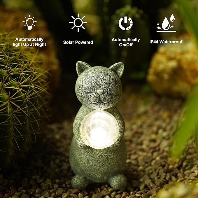 Solar Cat Statue Garden Decor - Cat Lover Gifts, with Gazing Solar LED Lights Ball Cat Decoration for Garden Yard Patio Lawn Balcony - Gifts for Mom Grandma (Gray Cat)