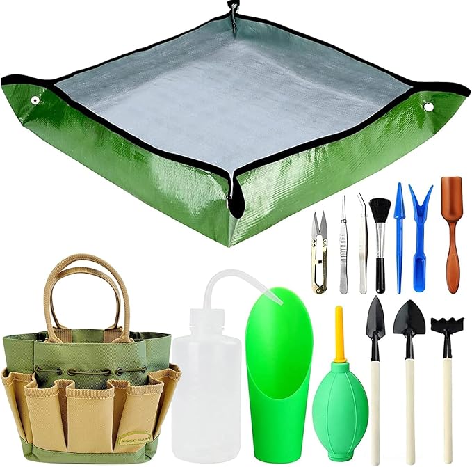 G GOOD GAIN Garden Succulent Kit with Organizer Bag, 14 Pieces Succulent Tools, Indoor Mini Hand Gardening Tools Set with Carrier for Bonsai Planter Miniature Fairy Planting Care(Green)