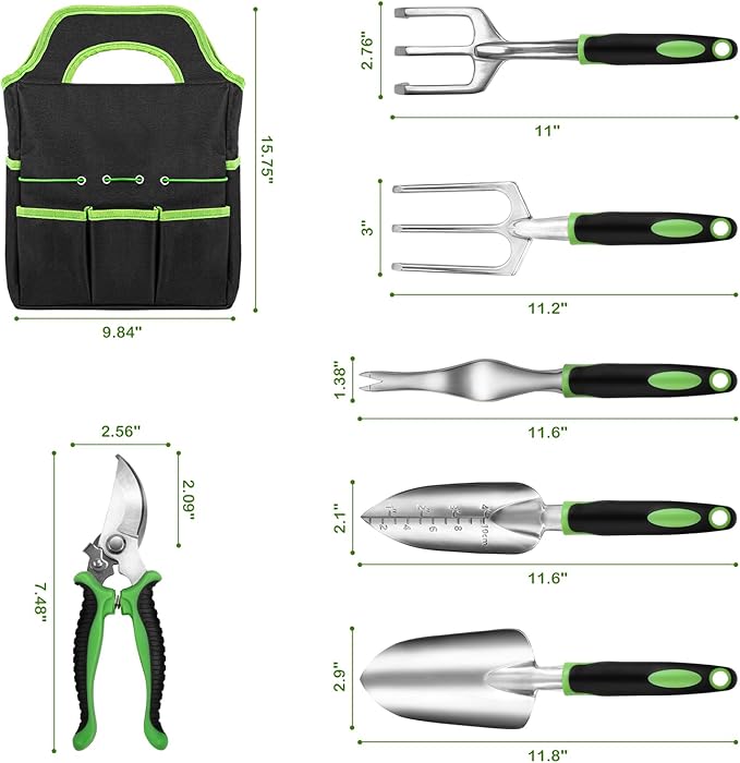 Gardening Tool Set, 8 Piece Garden Tools Set with Bag, Heavy Duty Stainless Steel Garden Tools Set Kit, Outdoor Hand Tools, Ideal Garden Tool Kit Gifts for Women Green