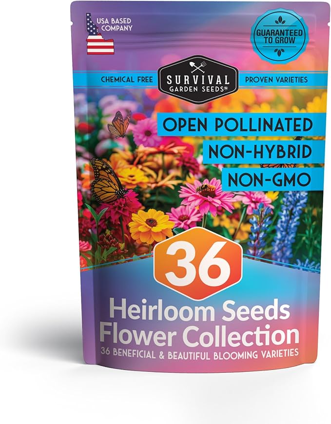 Survival Garden Seeds Functional Flowers Garden Kit - 36 Pack Starter Collection - Bee, Butterfly, Hummingbird, Pollinator Friendly Annual & Perennial Open-Pollinated Heirloom Flower Seed Varieties