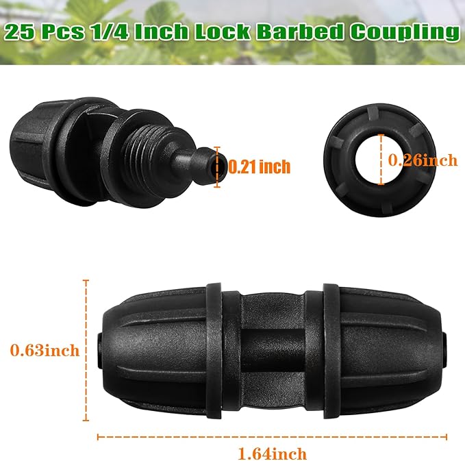 JAYEE 1/4 Inch Drip Irrigation Fittings Barbed Coupling Connectors, 25 Pcs Drip Line Parts for for ¼ In. Tubing, Irrigation Coupler with Locked Nuts for Trees, Shrubs, Sprinkler Systems, Black