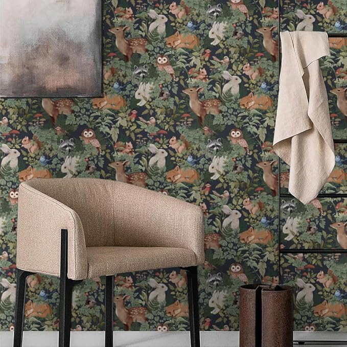 Animal Leaf Forest Deer Rabbits Squirrel Owl Green Plants Peel and Stick Wallpaper Self Adhesive Removable Easy Peel Off Contact Paper Stick on Wall Paper for Bedroom&Renter