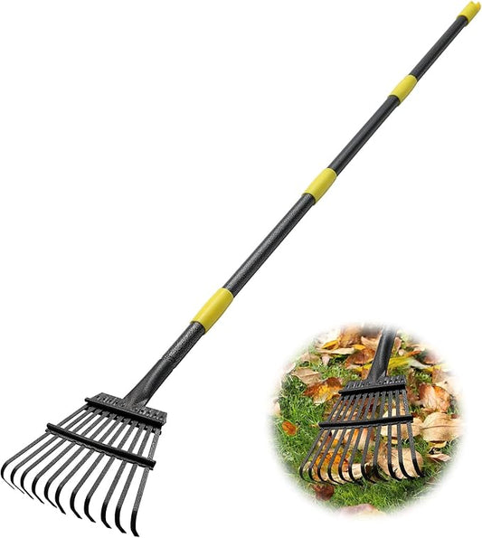 Rake - 73 Inch Long Small Garden Rake, 8.5" Wide Heavy Duty Leaf Rake for Shrub with 11 Metal Tines,Yard Rake with Adjustable Handle for Picking up Leaves,Grass Clippings,Garbage
