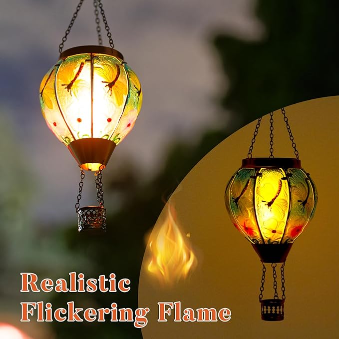 Dragonfly Solar Hot Air Balloon Lantern with Flame, Glass Hot Air Balloon Solar Lantern Outdoor Waterproof, Decorative Hanging Hot Air Balloon Solar Light for Outside Garden Patio Yard